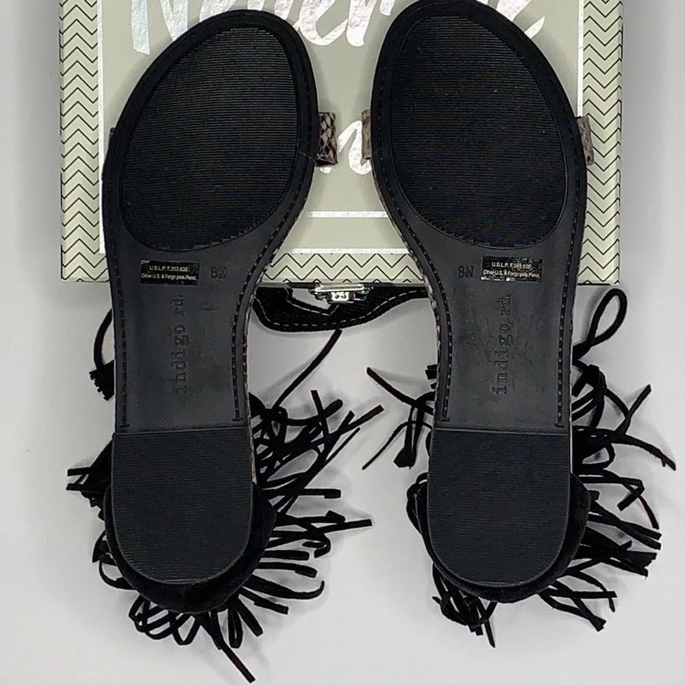 Indigo Black Fringe Sandals Size 8